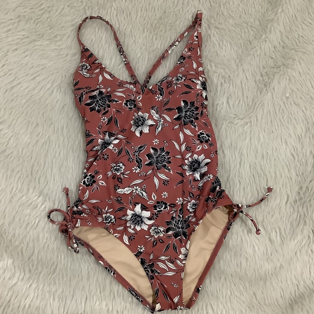 Kona sol pink floral summer beach one piece bathing suit